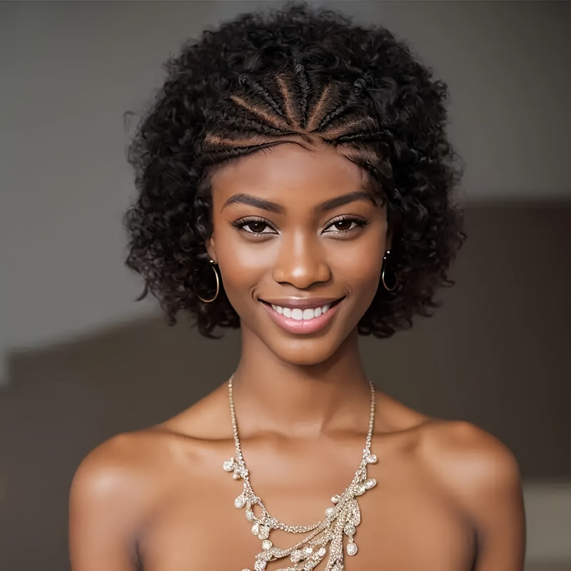 200% Density Short Wig Kinky Curly Human Hair Wig 13x4 Short Afro Kinky Curly Braided Lace Wigs Hand-Braided Box Braids With Short Curly Style Daily Wear & Festival Hair Wig